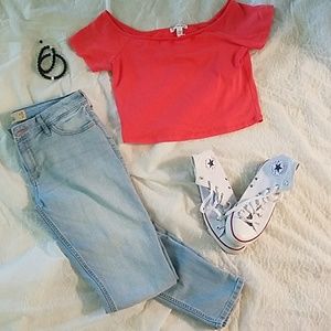 Pink off the shoulder crop top. JUST TOP.